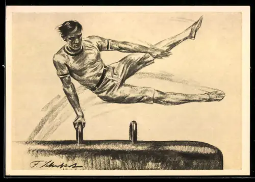 AK Turner am Pauschenpferd bei der einhändigen Seitgrätsche