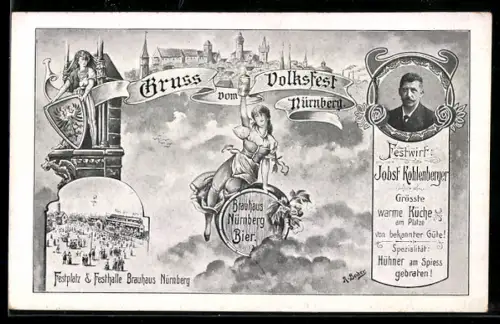 AK Nürnberg, Volksfest Nürnberg, junge Frau auf Bierfass vom Brauhaus Nürnberg, Festplatz und Festhalle