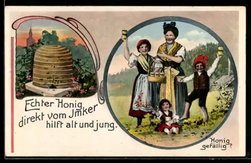 AK Imker-Familie preist ihren Honig an, Bienen am Bienenstock, Reklame der Leipziger Bienen-Zeitung
