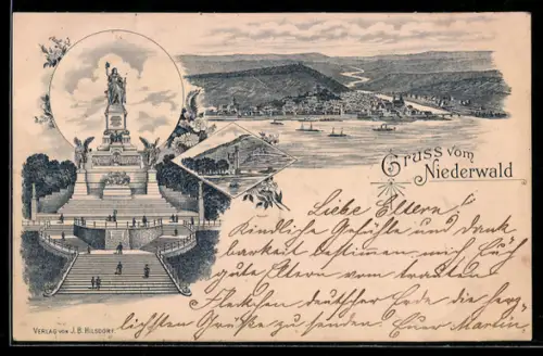 Vorläufer-Lithographie Rüdesheim, 1895, Niederwalddenkmal und Rheinpanorama
