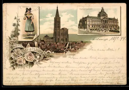 Vorläufer-Lithographie Strassburg, 1894, Kaiserpalast, Münster, Elsässerin in Tracht