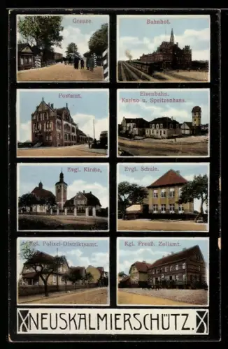 AK Neuskalmierschütz, Grenze, Bahnhof, Postamt und Evangelische Kirche