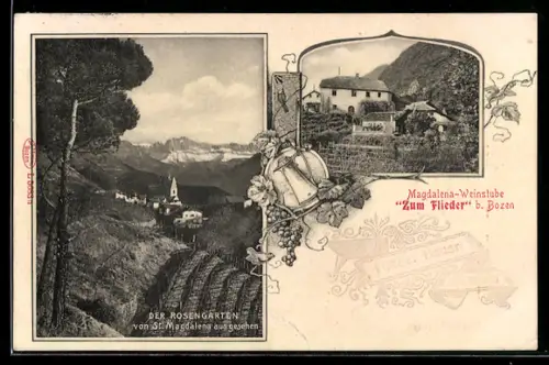 AK Bozen, Magdalena-Weinstube Zum Flieder, mit Rosengarten