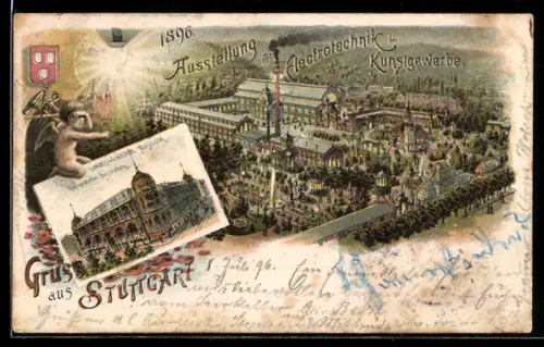 Lithographie Stuttgart, Ausstellung f. Elektrotechnik u. Kunstgewerbe 1896, Gesamtansichtm Landesgewerbe Museum