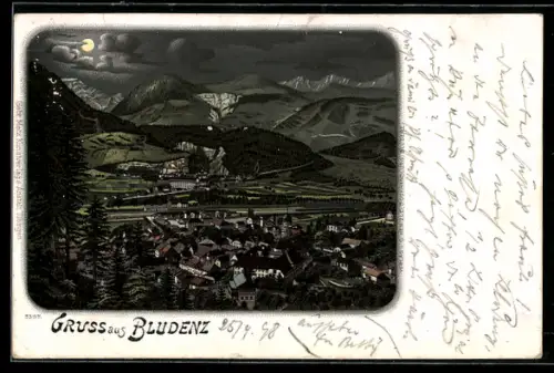 Lithographie Bludenz, Totalansicht im Mondschein