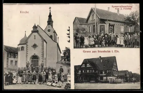 AK Ittenheim i. Els., Kirche und Geschäft von J. Felden
