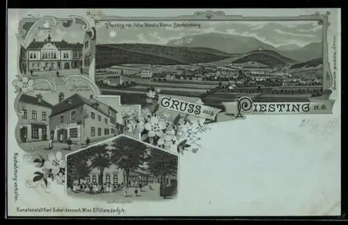 Mondschein-Lithographie Piesting, Ortsansicht, Rathaus, Gasthaus zum gold. Löwen, Gasthausgarten