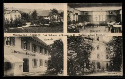 AK Hörbranz, Bad Diezlings, Gasthaus zum Bad v. Johann Füssinger, Speisesaal, Badehaus
