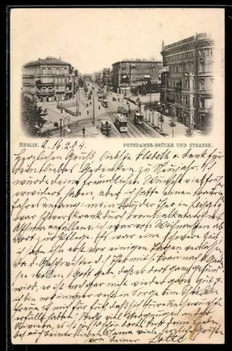 AK Berlin, Partie an der Potsdamer Brücke und Strasse mit Strassenbahn