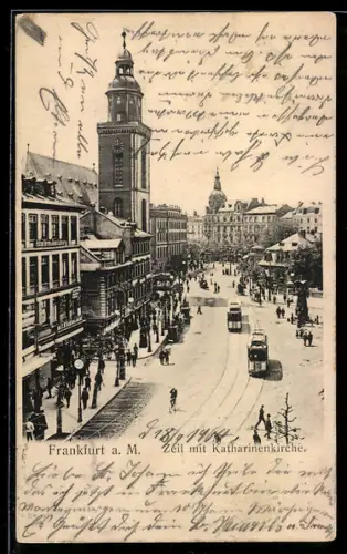 AK Frankfurt am Main, Zeil mit Katharinenkirche und Strassenbahn