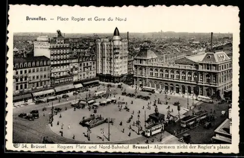 AK Bruxelles, Place Rogier et Gare du Nord, Strassenbahn