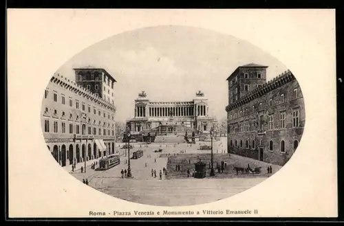 AK Roma, Piazza Venezia e Monumento a Vittorio Emanuele II, Strassenbahn