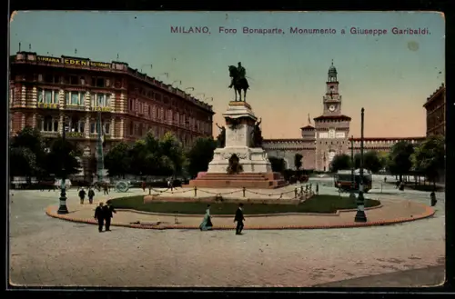 AK Milano, Foro Bonaparte, Monumente a Giuseppe Garibaldi, Strassenbahn