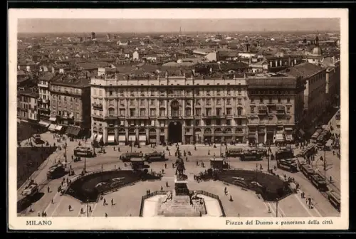 AK Milano, Piazza del Duomo e panorama della città, Strassenbahn