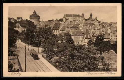 AK Nürnberg, Panorama vom Hallertor, Strassenbahn