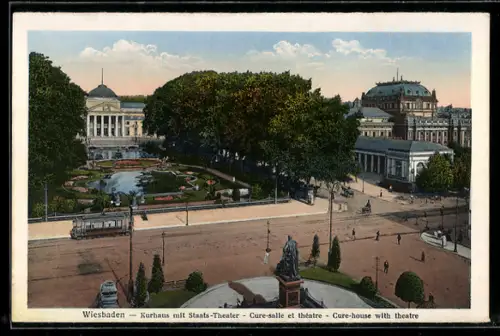 AK Wiesbaden, Kurhaus mit Staats-Theater, Strassenbahn
