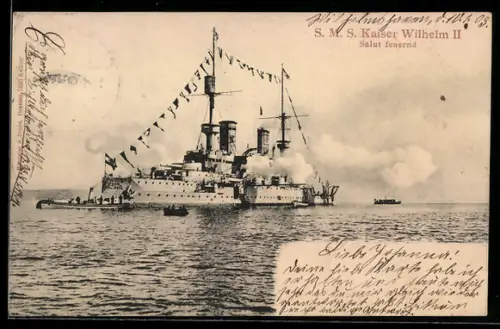 AK Linienschiff S.M.S. Kaiser Wilhelm II. beim Abfeuern der Salutgeschütze