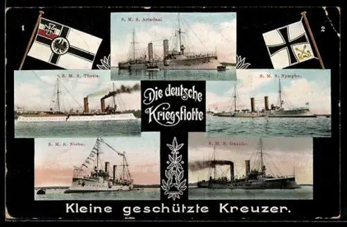 AK Kleine geschützte Kreuzer S.M.S. Ariadne, S.M.S. Nymphe und S.M.S. Gazelle in Fahrt, Kriegsschiff