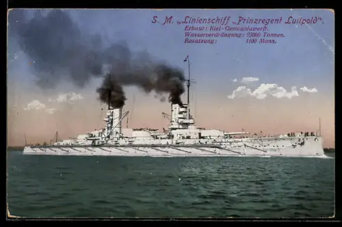 AK Linienschiff S.M.S. Prinzregent Luitpold in Fahrt vor der Küste, Kriegsschiff