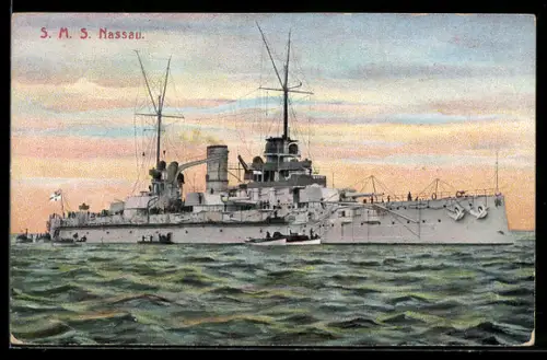 AK Linienschiff S.M.S. Nassau, Beiboote bringen Matrosen an Bord, Kriegsschiff