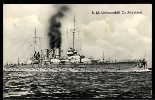 AK Linienschiff S.M.S. Ostfriesland in Fahrt auf See, Kriegsschiff