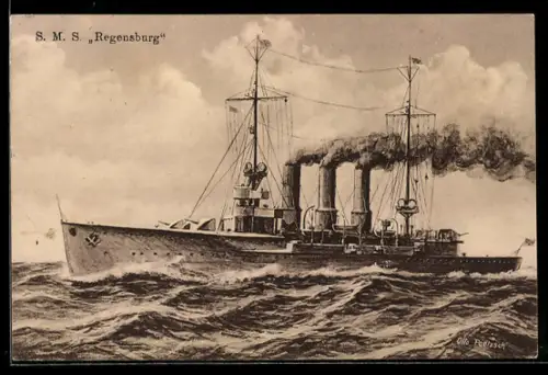 Künstler-AK Kleiner Kreuzer S.M.S. Regensburg bei hohem Wellengang, Kriegsschiff
