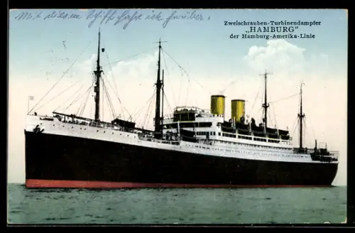 AK Passagierschiff Hamburg der Hamburg Amerika Linie auf hoher See