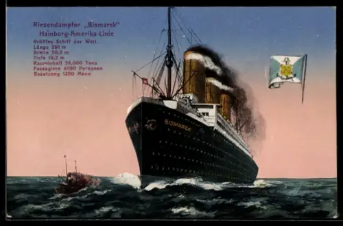 AK Passagierschiff Bismarck der Hamburg-Amerika Linie Höchstfahrt laufend