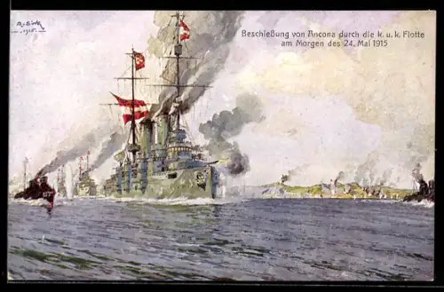 Künstler-AK Beschiessung von Ancona durch die k.u.k. Flotte am 24.5.1915