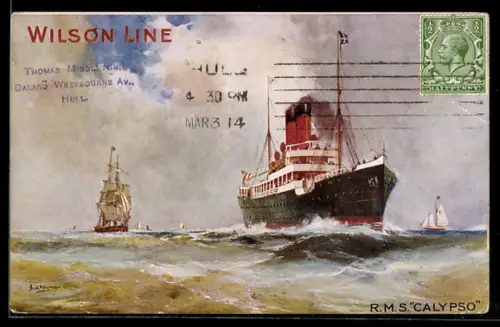 AK Passagierschiff R.M.S. Calypso der Wilson Line in bewegter See