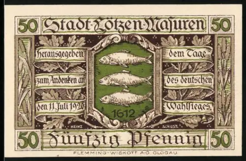 Notgeld Lötzen i. Ostpr. 1921, 50 Pfennig, drei Fische und Schlossansicht