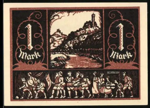 Notgeld Witzenhausen a. d. Werra 1921, 1 Mark, Burg und marschierende Musikanten
