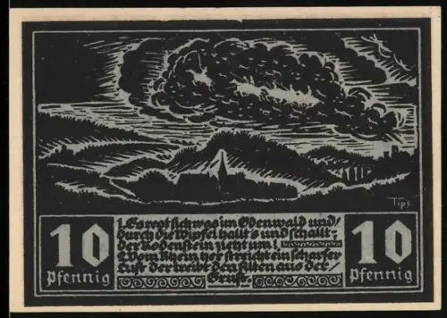 Notgeld Fränkisch-Crumbach 1921, 10 Pfennig, Landschaft mit Wolken und Ritterporträt mit Wappen
