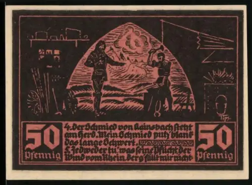 Notgeld Fränkisch-Crumbach 1921, 50 Pfennig, Schmied mit Schwert und Wappen