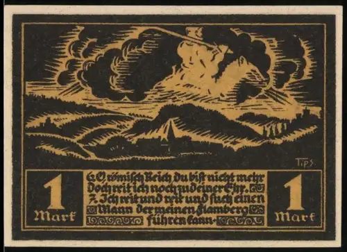 Notgeld Fränkisch-Crumbach 1920, 1 Mark, Landschaft mit Krieger und Ortsansicht mit Wappen