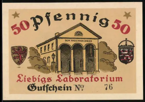 Notgeld Giessen 1921, 50 Pfennig, Liebigs Laboratorium und chemischer Ofen, zwei Wappen