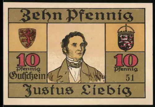 Notgeld Giessen 1921, 10 Pfennig, Justus Liebig und Ortsansicht mit Kirche