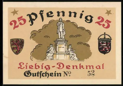 Notgeld Giessen 1921, 25 Pfennig, Liebig-Denkmal und Schloss
