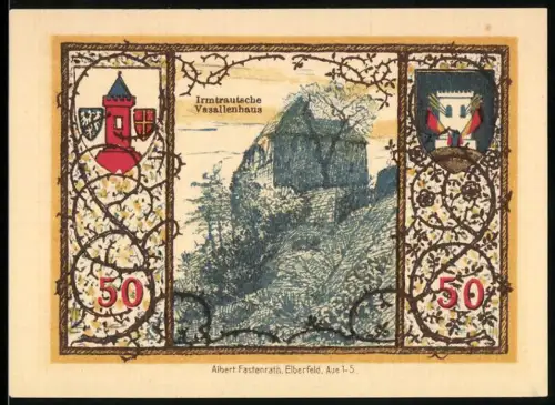 Notgeld Westerburg 1920, 50 Pfennig, Irmtrautsches Vasallenhaus und Wappen