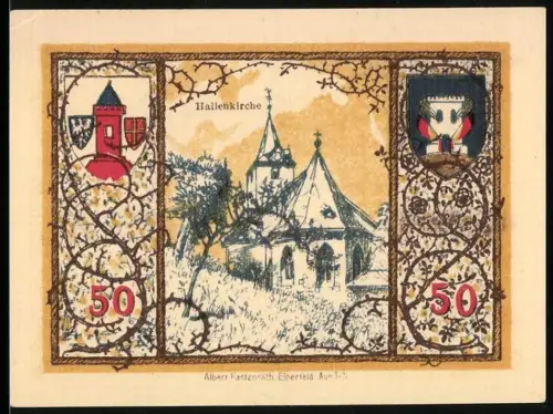 Notgeld Westerburg 1921, 50 Pfennig, Hallenkirche und Wappen-Motive