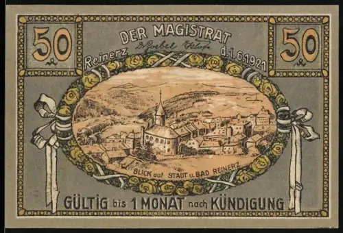 Notgeld Bad Reinerz 1921, 50 Pfennig, Ortsansicht und Brunnen mit Figuren und Landschaft