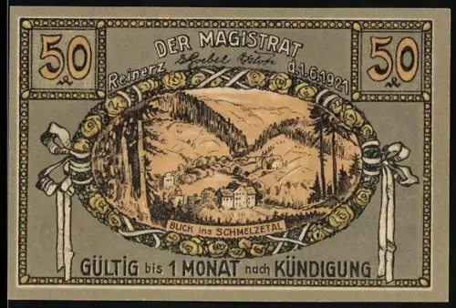 Notgeld Bad Reinerz 1921, 50, Blick ins Schmelzetal und Frau mit Kind am Brunnen