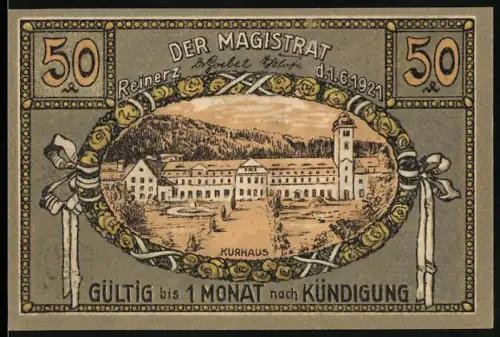 Notgeld Reinerz 1921, 50, Kurhaus und allegorische Szene mit Quelle und Frau im Tal
