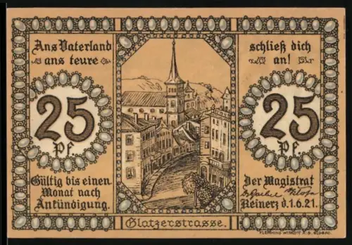 Notgeld Bad Reinerz 1921, 25 Pf, Ortsansicht und Brunnen mit Figuren