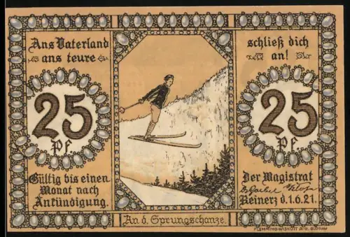 Notgeld Bad Reinerz 1921, 25 Pf, Skisprungschanze und Brunnen mit Figuren vor Kurgebäude