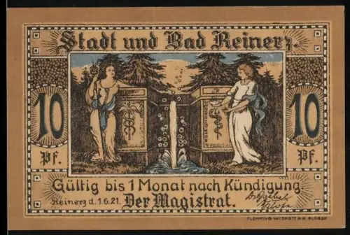 Notgeld Reinerz 1921, 10 Pf, zwei Frauen an Brunnen und Rathaus mit Wappen