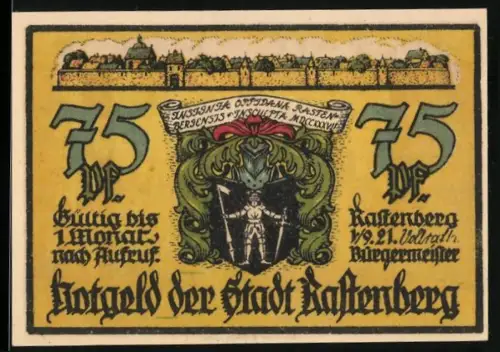 Notgeld Rastenberg 1921, 75 Pf., Ortsansicht mit Wappen und Rittern, Burgansicht