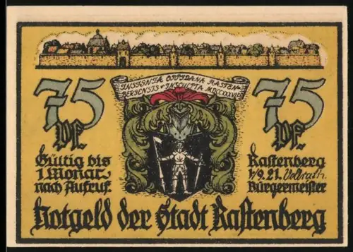 Notgeld Rastenberg 1921, 75 Pf, Ortsansicht und mittelalterliche Szene mit Brunnen und Bewaffneten