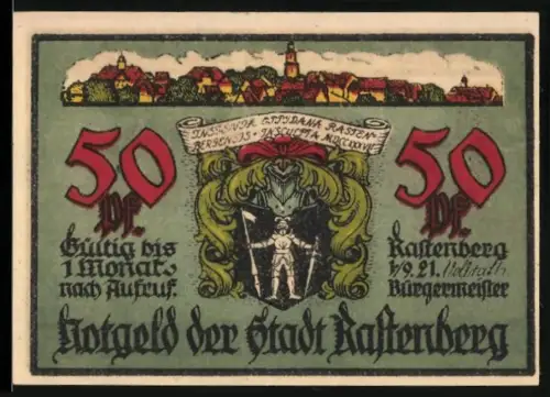 Notgeld Rastenberg 1921, 50 Pf, Ortsansicht und Wappen, Rathaus-Illustration