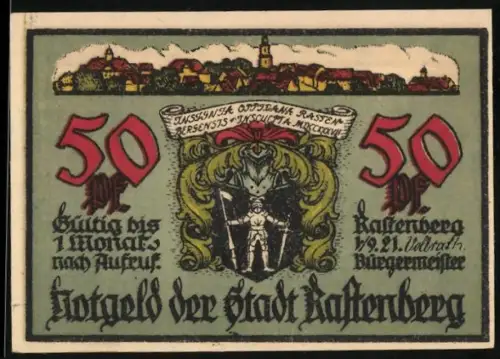 Notgeld Rastenberg 1921, 50 Pf, Ortsansicht und Stadtmauerreste